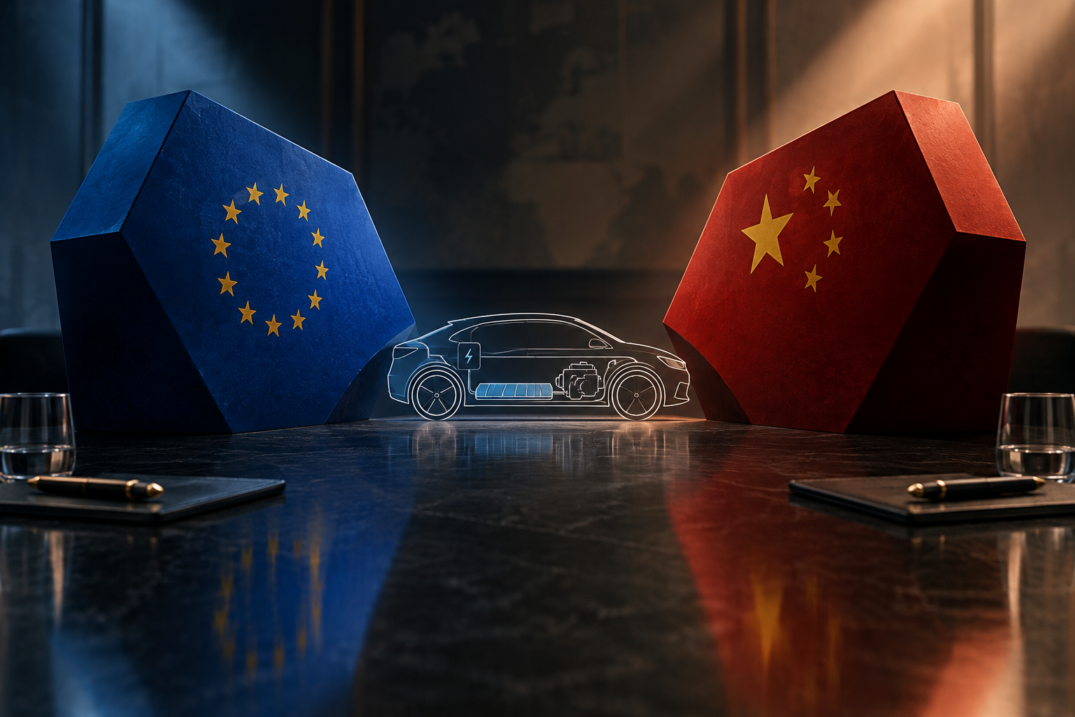 Editorial illustration depicting the abstract concept of a trade agreement between two major global entities concerning hybrid vehicle trade.