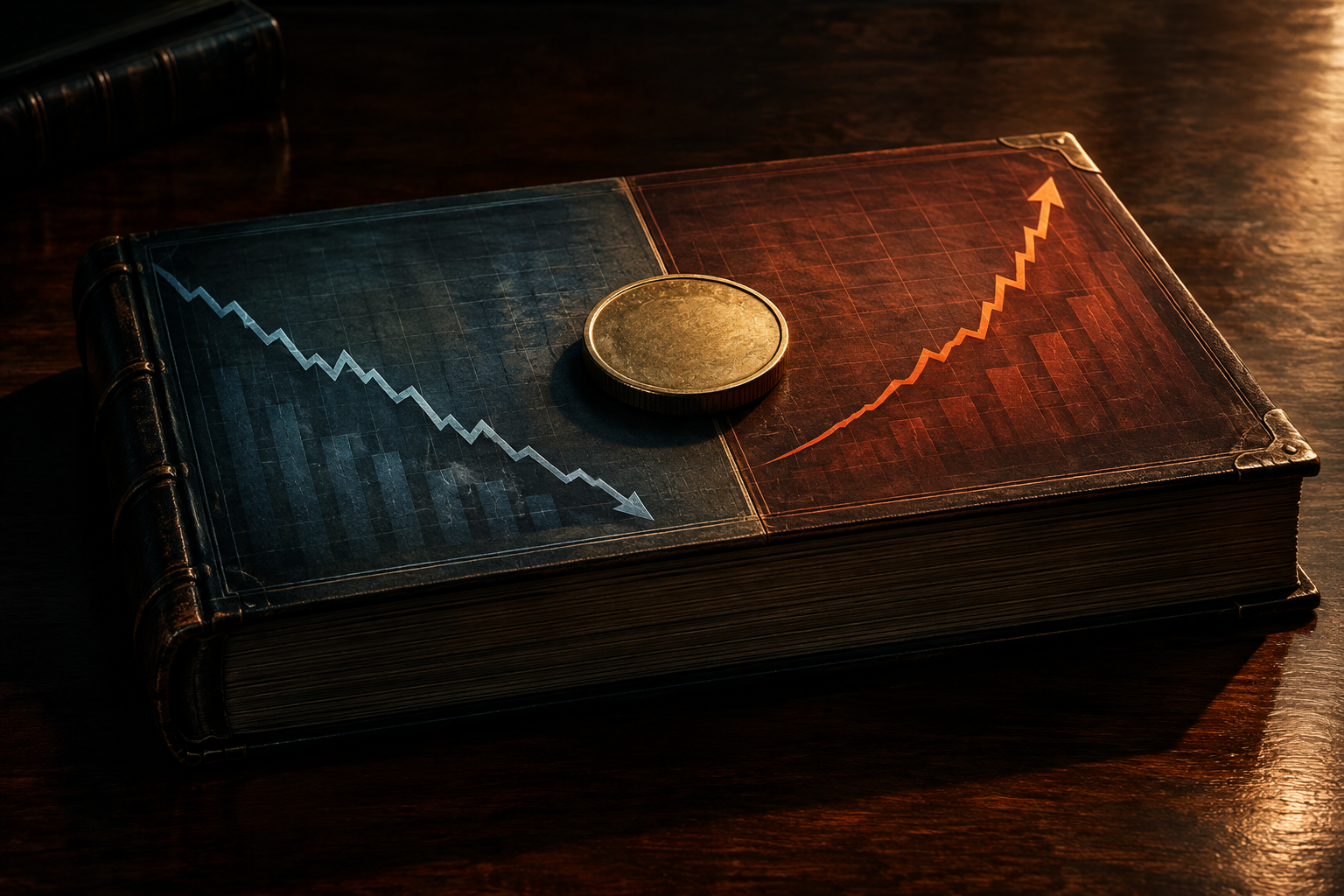 Conceptual illustration of economic tension showing slower growth and rising inflation against a heavy ledger.