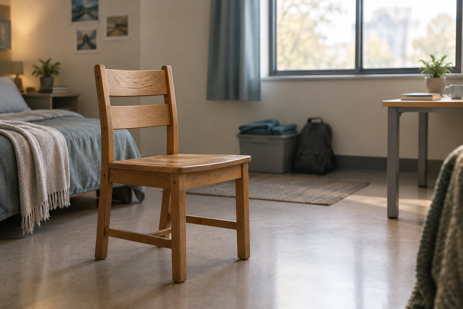 A simple wooden chair in a softly lit, neutral room, symbolizing temporary care.