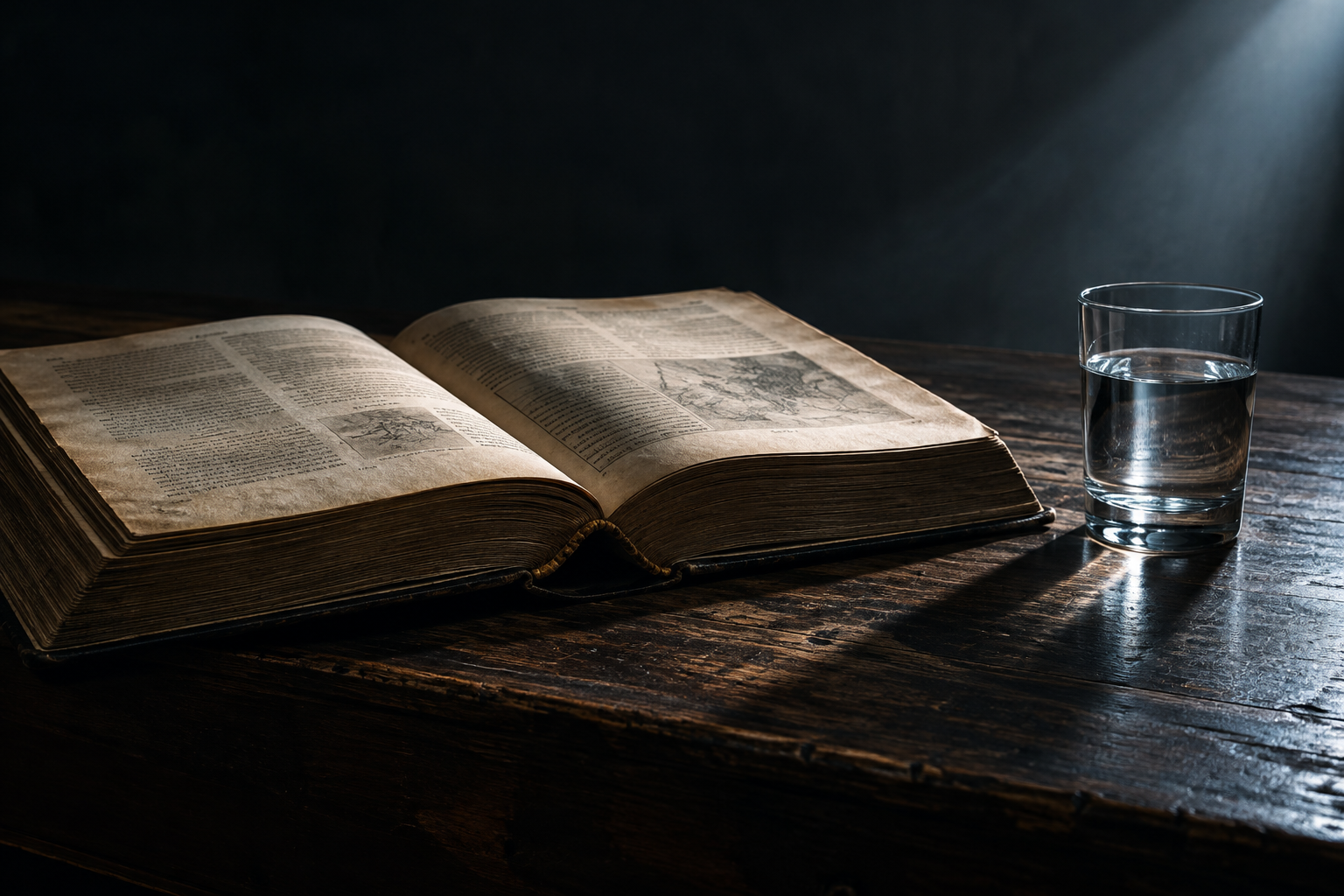 Editorial illustration of an aged book and glass on a dark desk, symbolizing the disclosure of sensitive information.