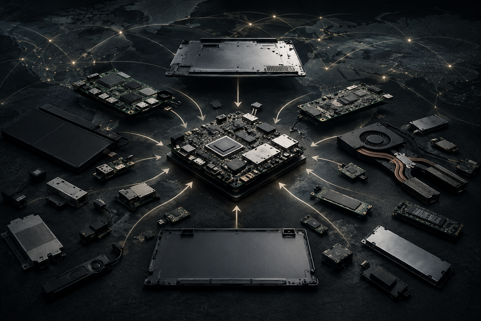 Editorial illustration of electronic components on a dark surface, symbolizing the reevaluation of global notebook manufacturing supply chains.