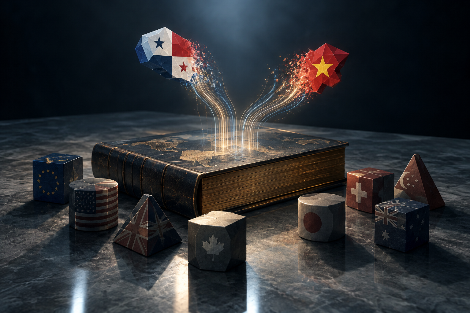 Conceptual illustration of international tax cooperation showing abstract forms transitioning from opacity to transparency.