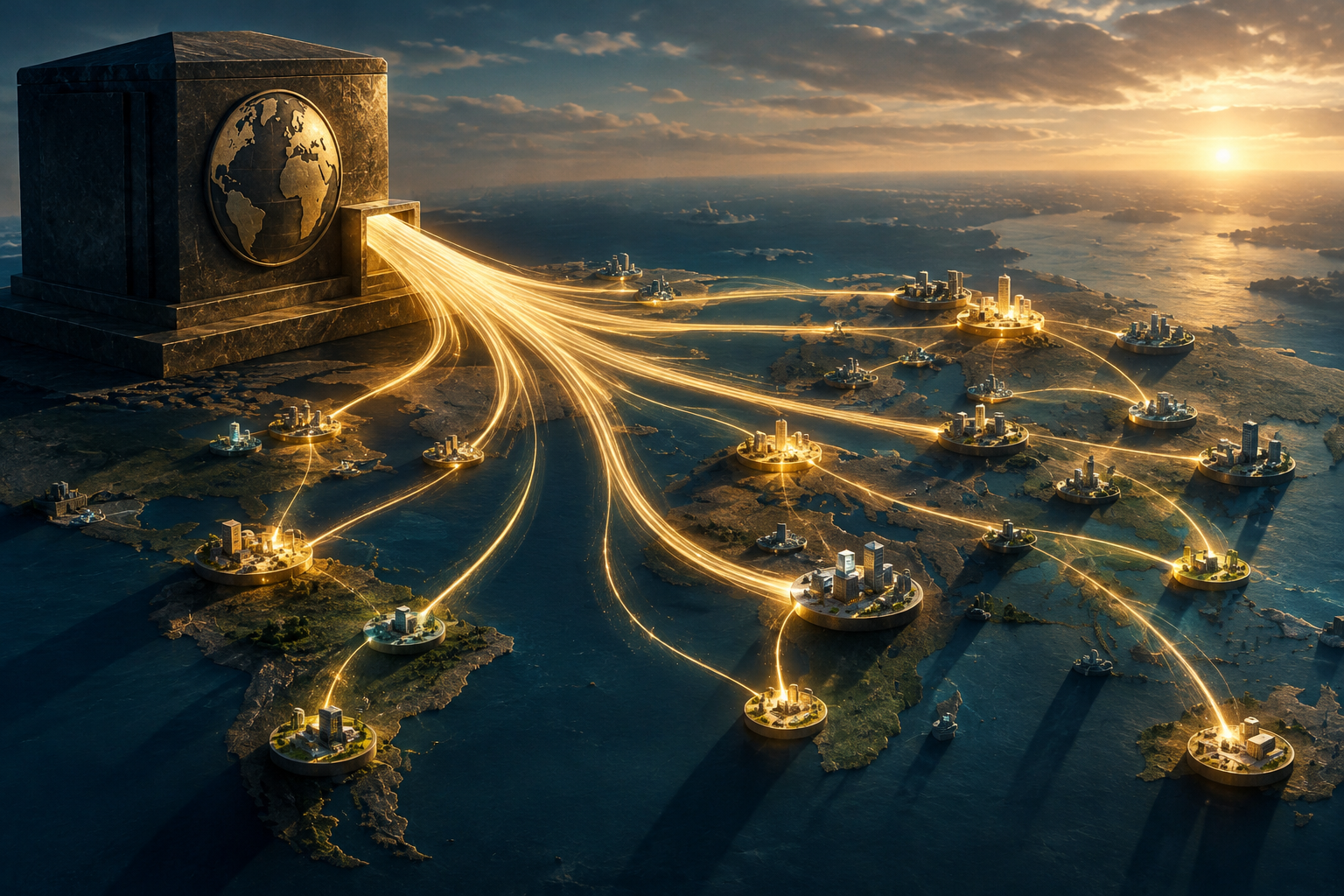 Editorial illustration showing a large, directed flow of resources from a central source to a global network of development nodes.