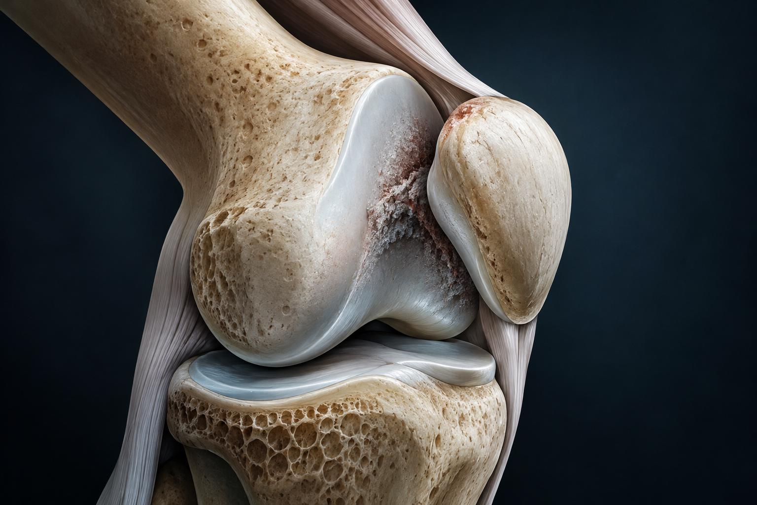 Editorial illustration of a knee joint cross-section showing the patella and femur, emphasizing cartilage wear.