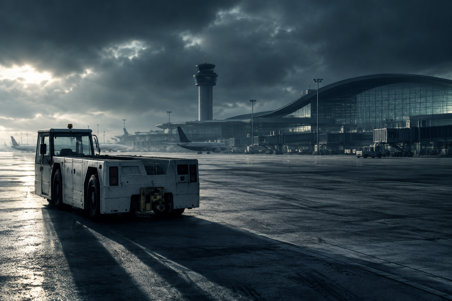 Conceptual illustration of a large, modern airport terminal under dramatic, cool lighting, focusing on a stationary piece of ground support equipment to convey tension.