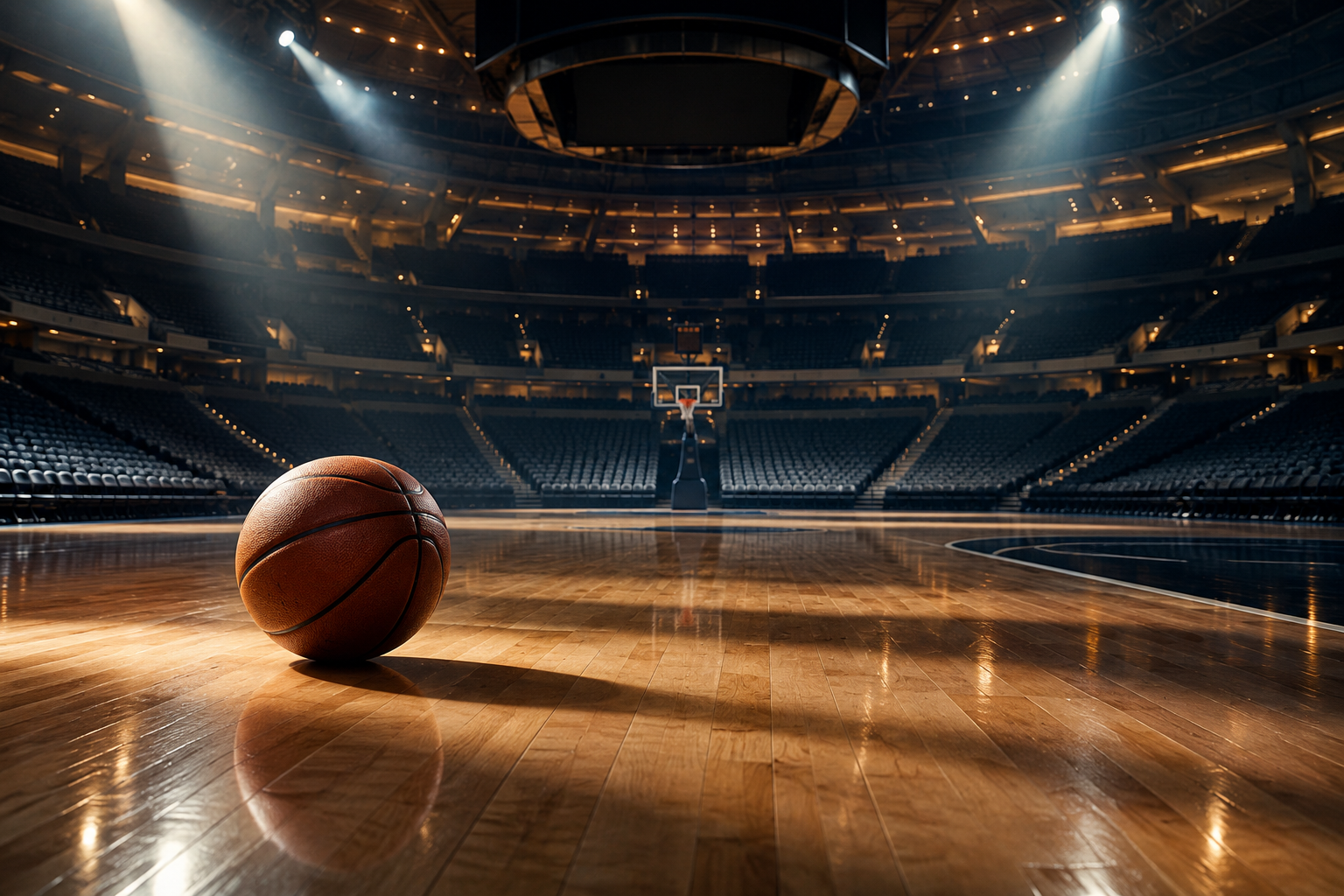 A conceptual illustration of a basketball resting alone on a vast, empty arena floor under dramatic spotlight, symbolizing absence and transition.