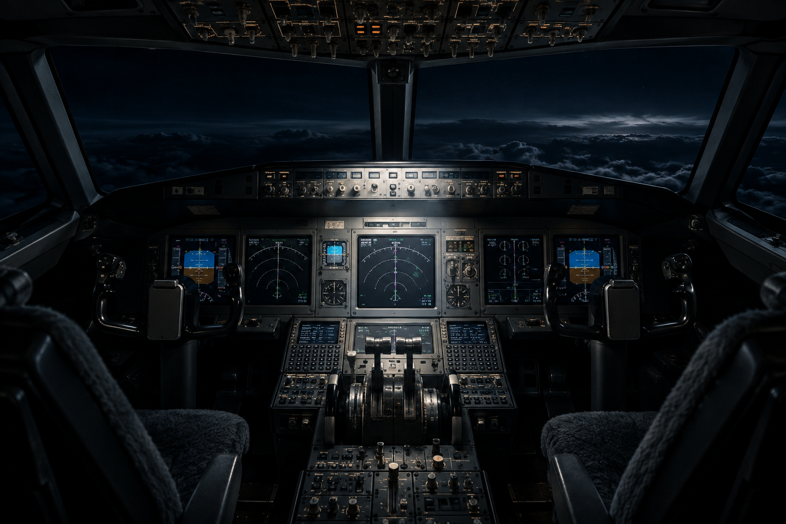Conceptual illustration of a modern aircraft cockpit interior at night, focusing on illuminated flight instruments and control yokes against a dark, expansive sky.