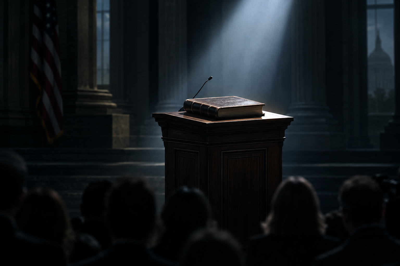 A conceptual illustration of a formal, shadowed setting with a single illuminated document on a dark podium, symbolizing a weighty official decision.