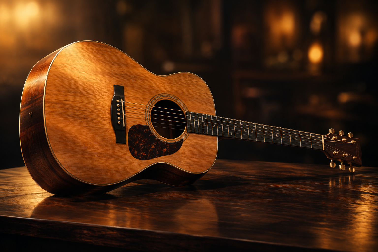 An editorial illustration of a single acoustic guitar resting on a dark wooden surface with dramatic, warm lighting.