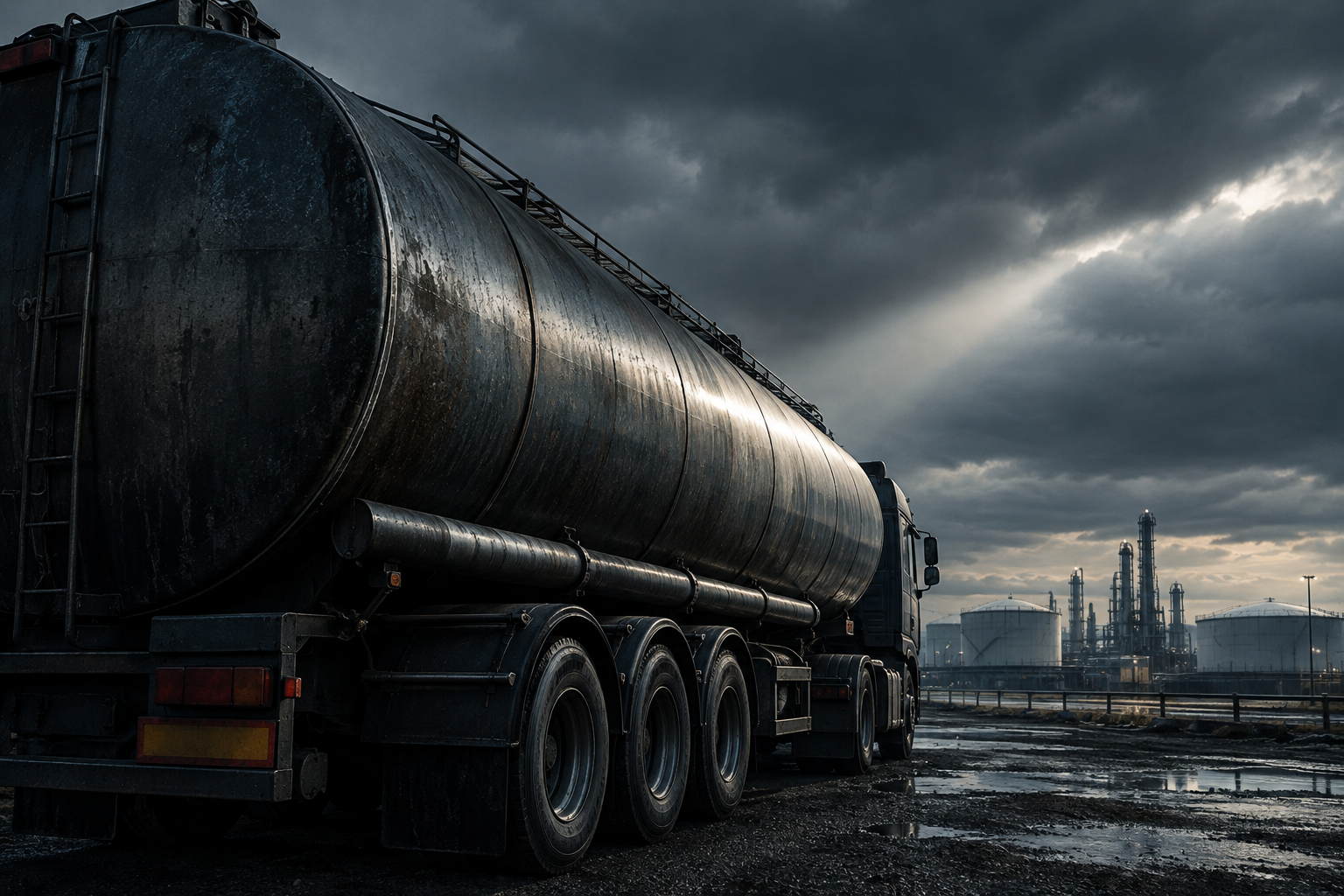 An editorial illustration of a large industrial fuel tanker in a muted, expansive industrial setting under a heavy sky.