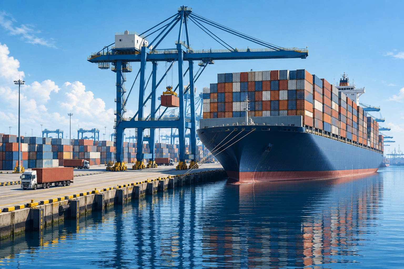 A wide, professional editorial illustration of a massive container ship docked at a port, emphasizing the scale of stacked shipping containers under bright, industrial lighting.