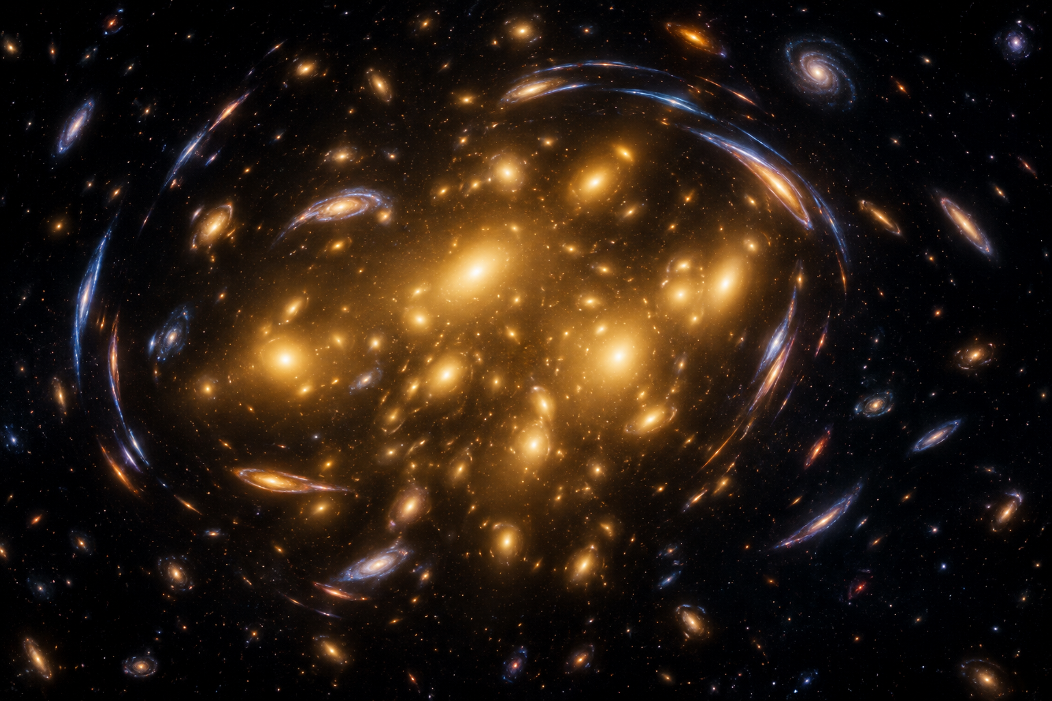 Editorial illustration of gravitational lensing showing distant galaxies warped and magnified by a massive foreground galaxy cluster.