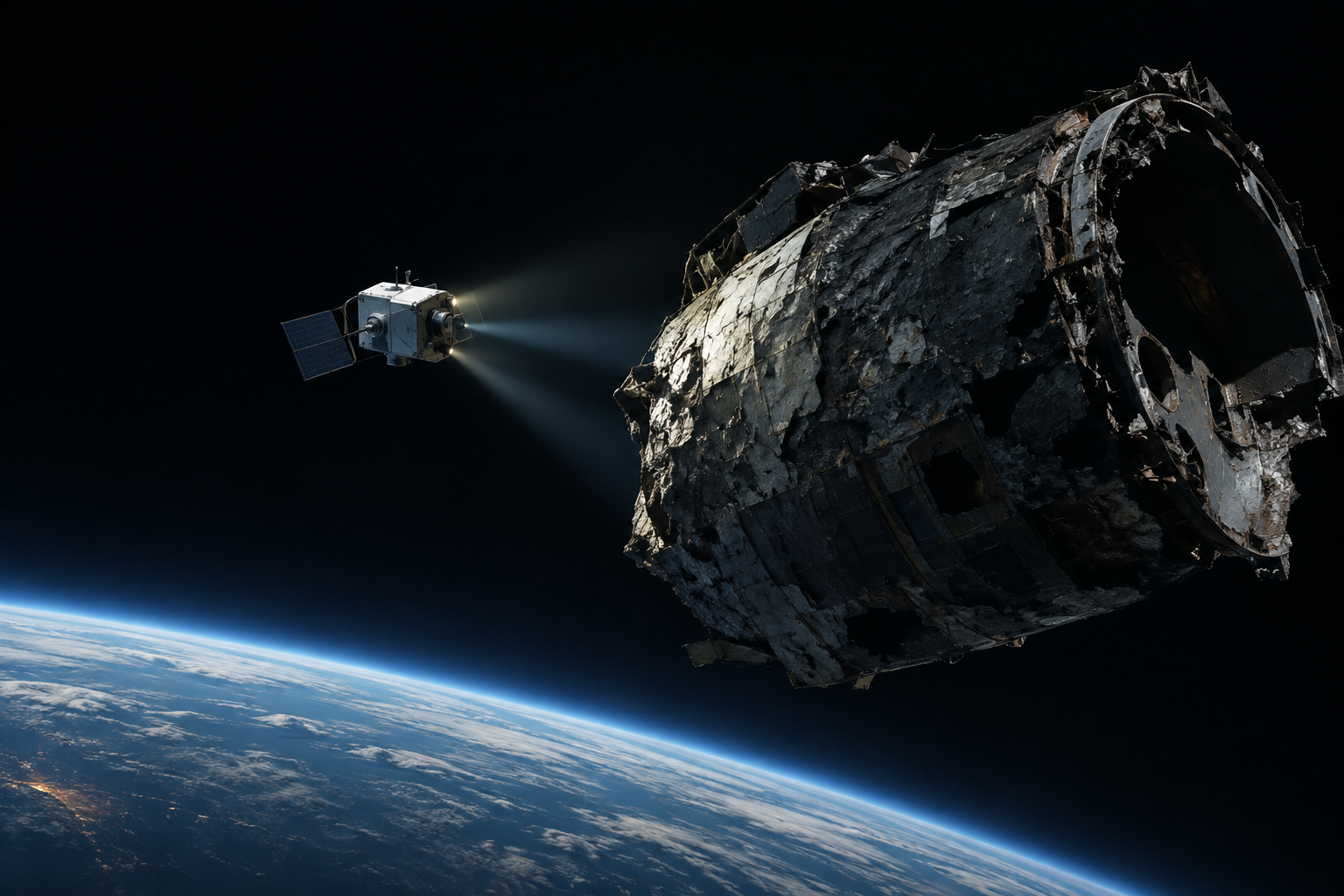 Conceptual illustration of a small spacecraft inspecting a piece of orbital debris in low Earth orbit.