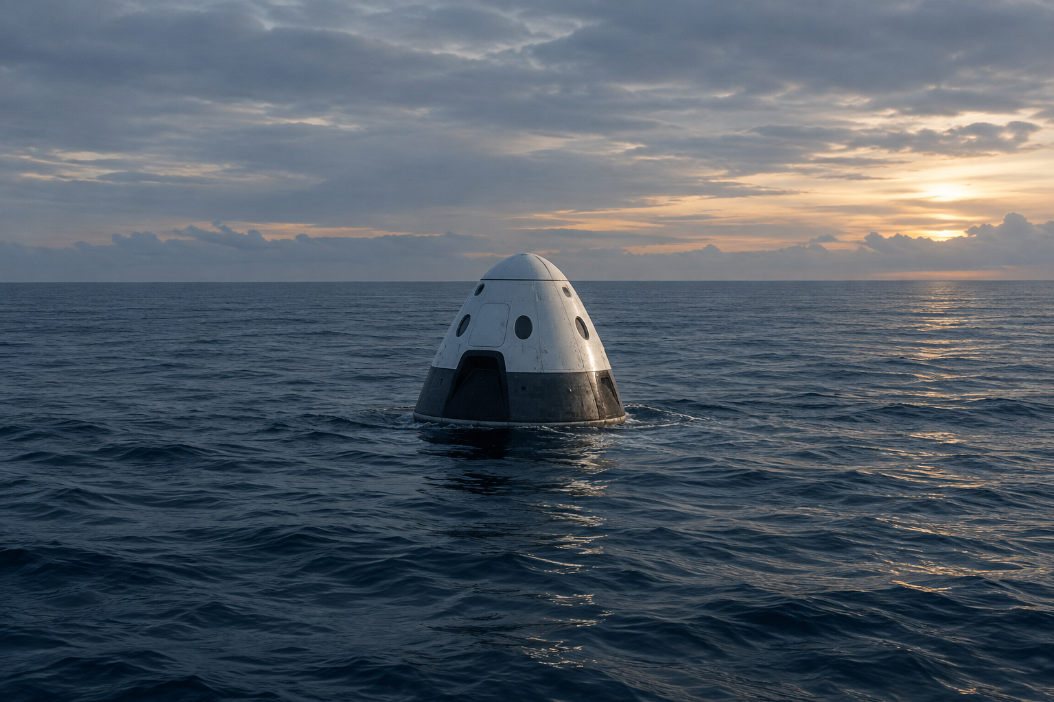 A spacecraft rests on the surface of the Pacific Ocean under a muted sky.