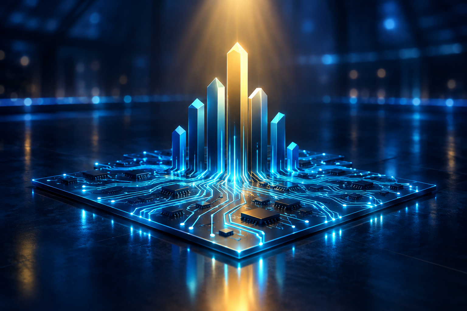 Abstract illustration symbolizing the growth of the gaming industry through glowing digital circuits and upward-reaching forms.