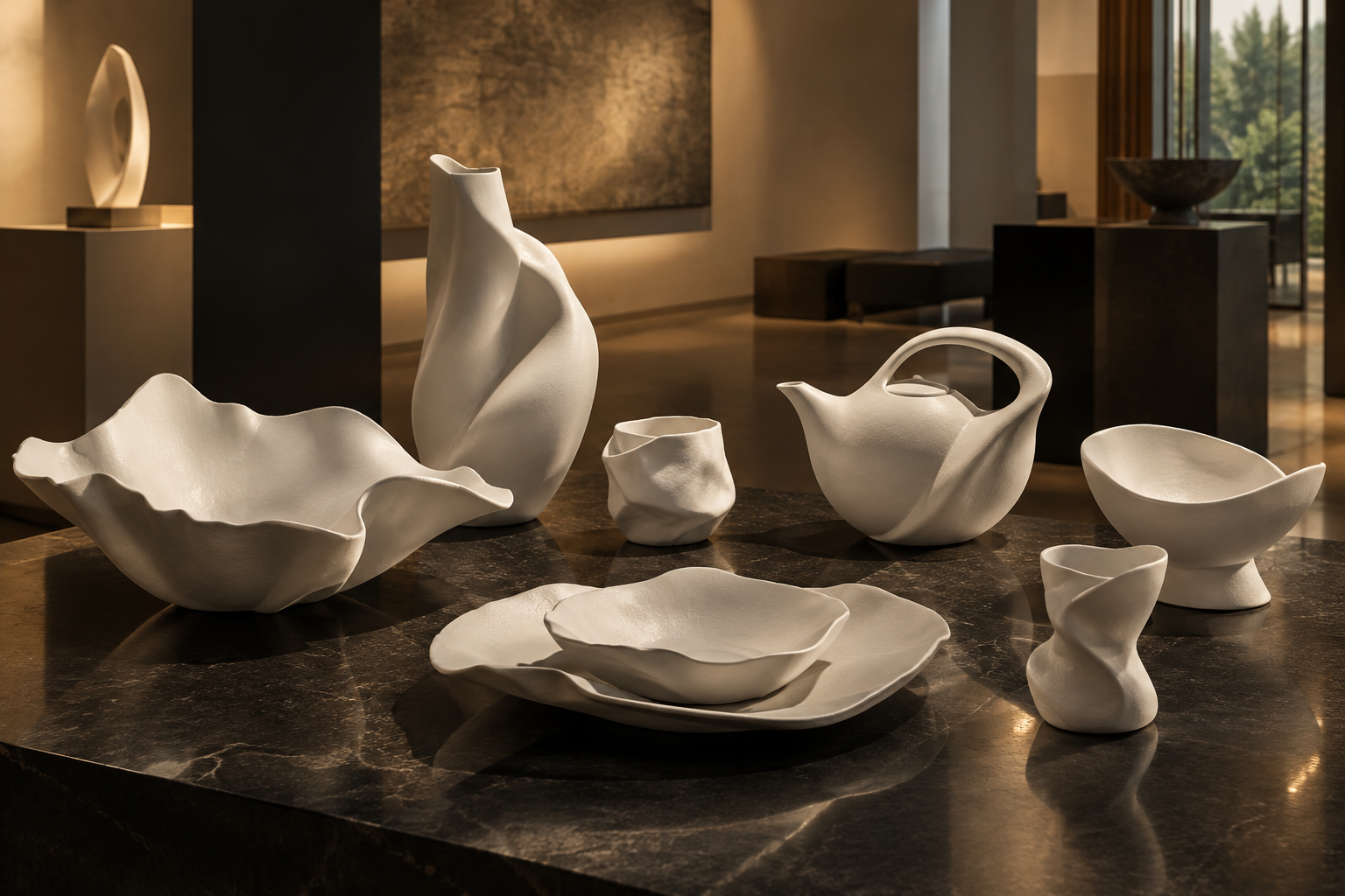 Sculptural fine porcelain tableware displayed on a dark surface with warm, directional lighting in a sophisticated design setting.