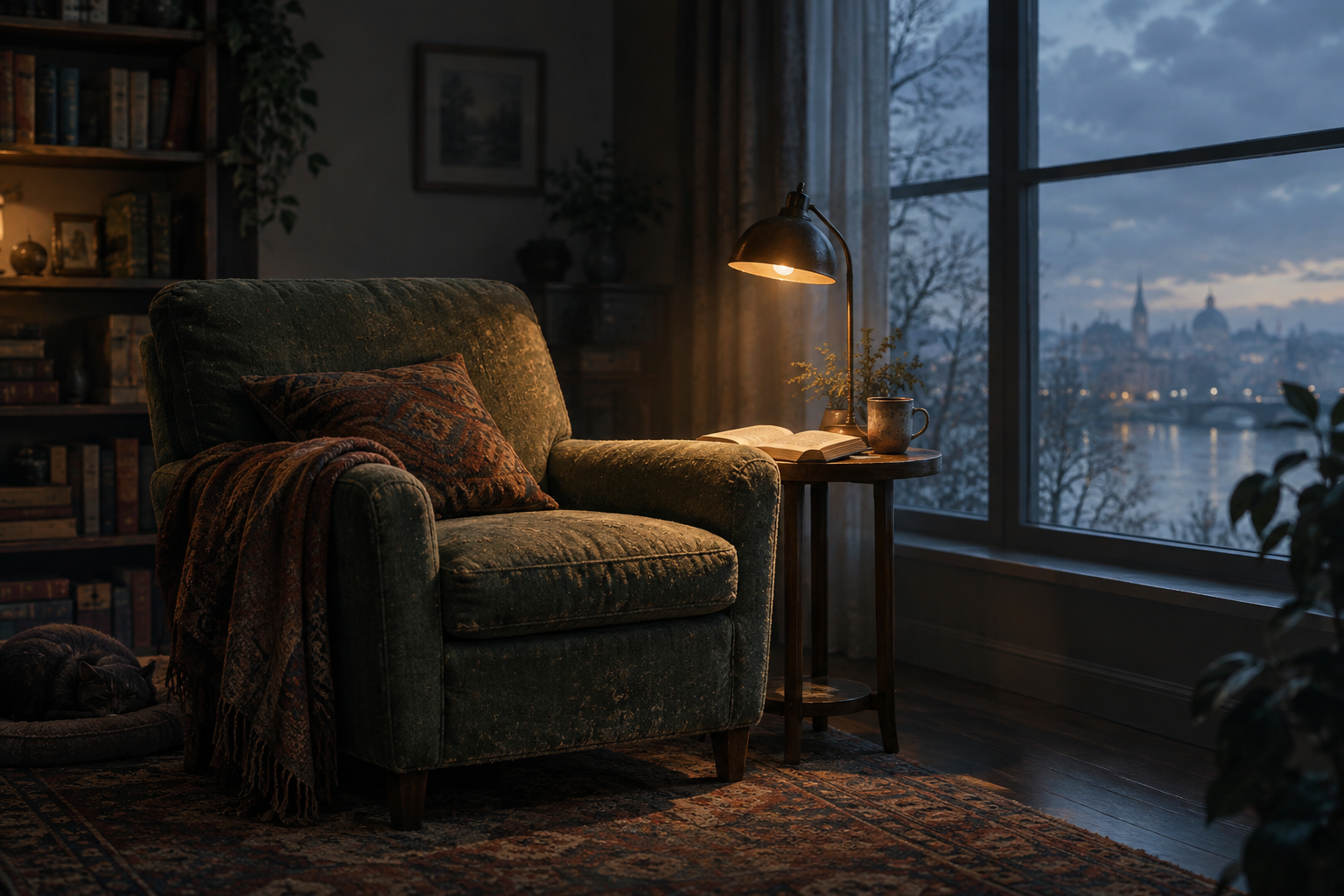 Editorial illustration depicting a single armchair bathed in warm, focused light within a quiet, sophisticated interior, symbolizing intentional personal time.