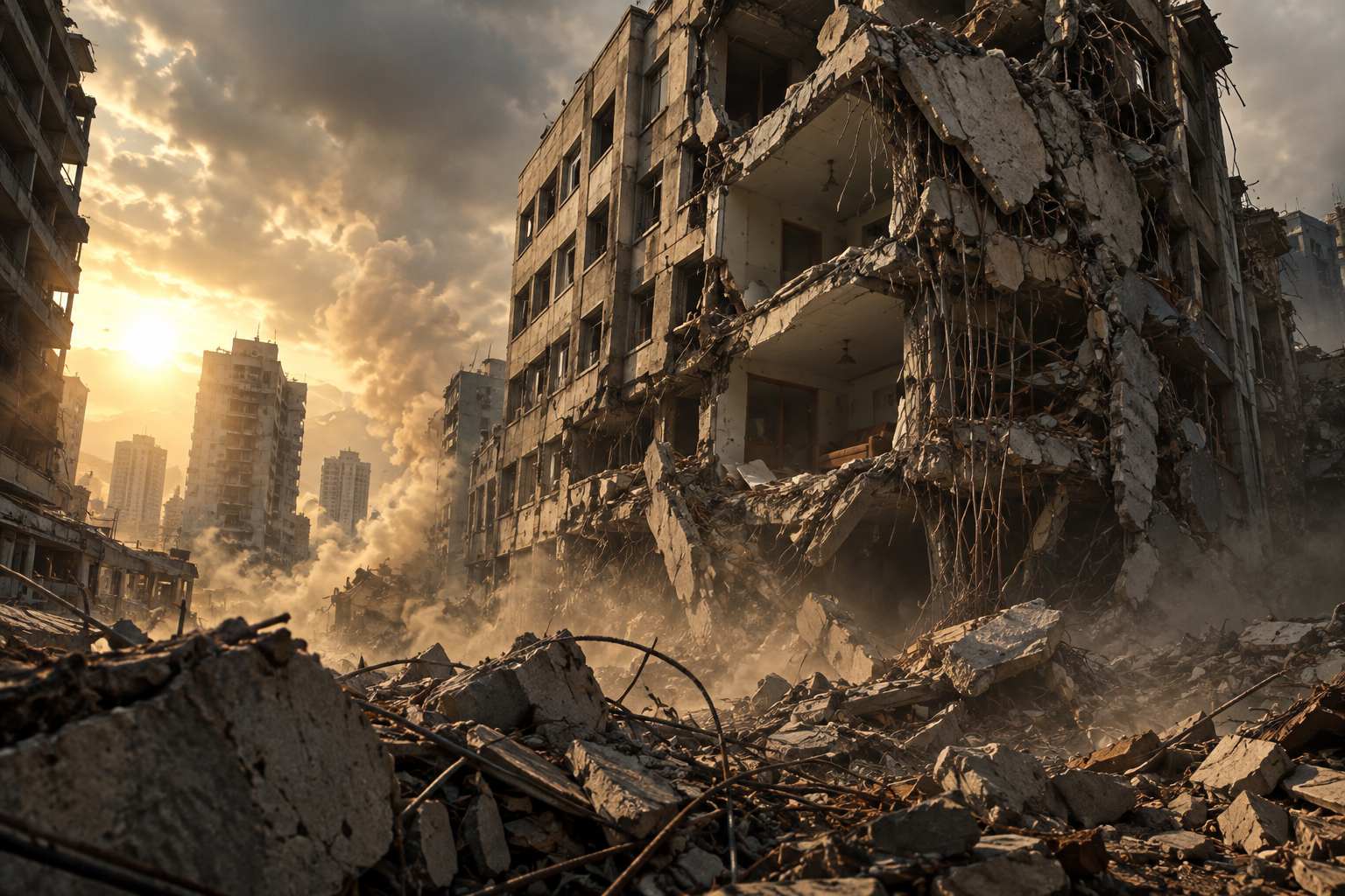 Editorial illustration of a building facade collapsing amidst urban debris following a major earthquake.