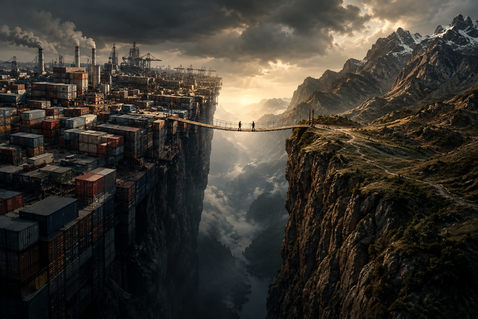 Editorial illustration depicting the complex and asymmetrical relationship between two geopolitical entities, one characterized by dense industrial output and the other by rugged, mountainous terrain, connected by a fragile bridge.