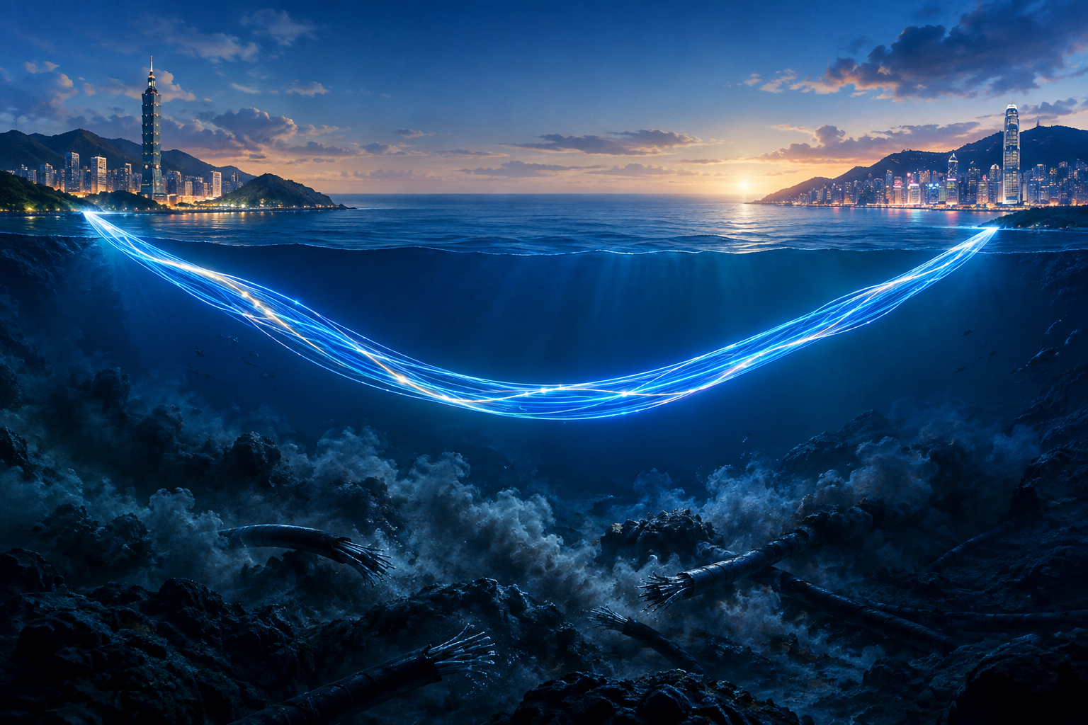 Conceptual illustration of a new, resilient subsea data cable route connecting two distant landmasses across a deep ocean.