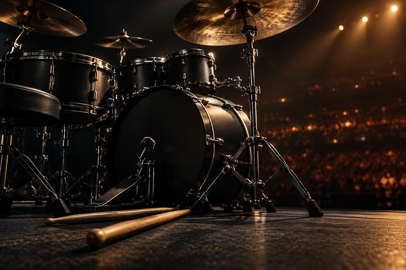 A close-up editorial illustration of a drum set and sticks on a stage, dramatically lit with a blurred audience background.