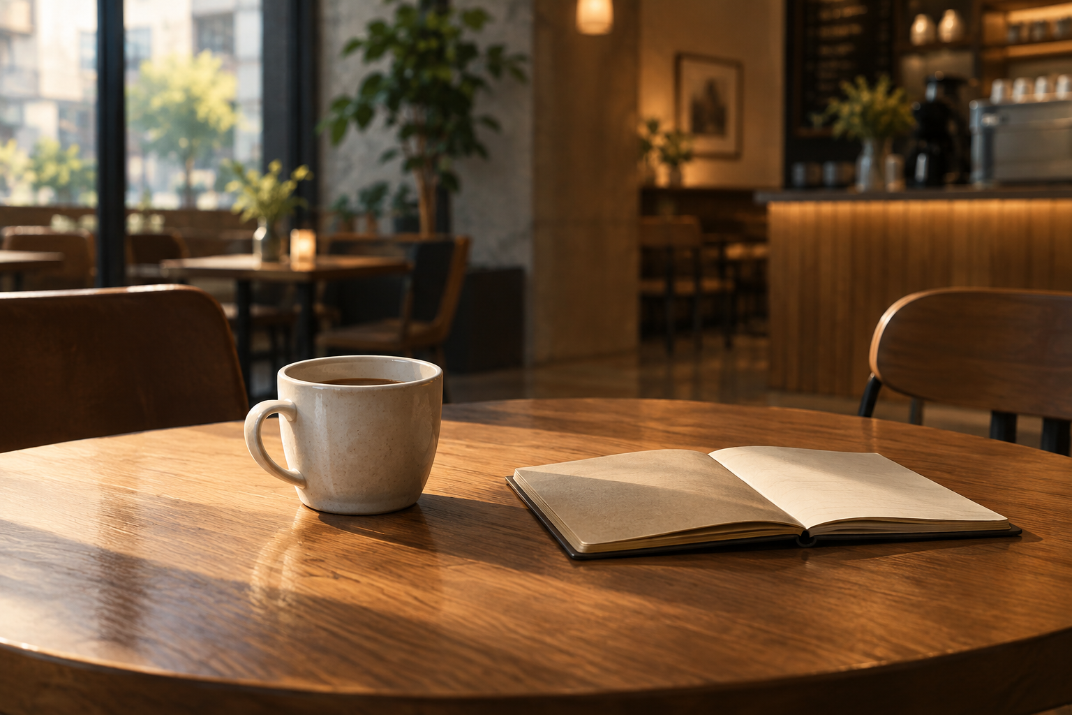 Editorial illustration of a modern coffee shop setting with a single mug and notebook on a wooden table, suggesting a high-level, informal discussion.