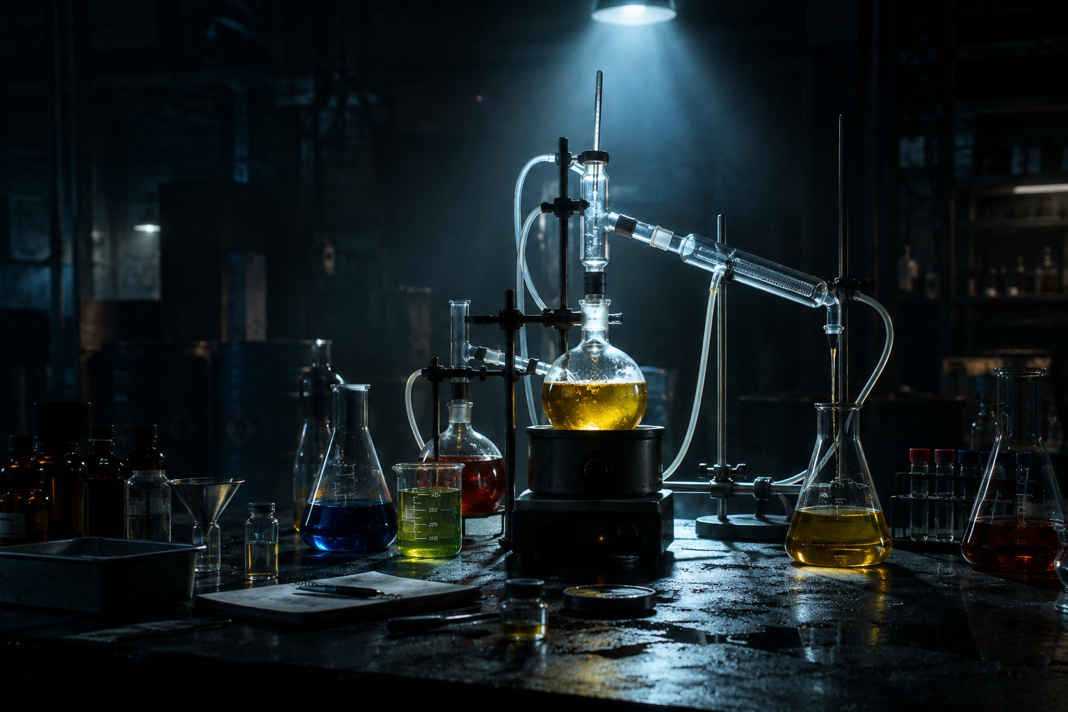Editorial illustration of complex chemical laboratory glassware under dramatic lighting, symbolizing illicit drug production.