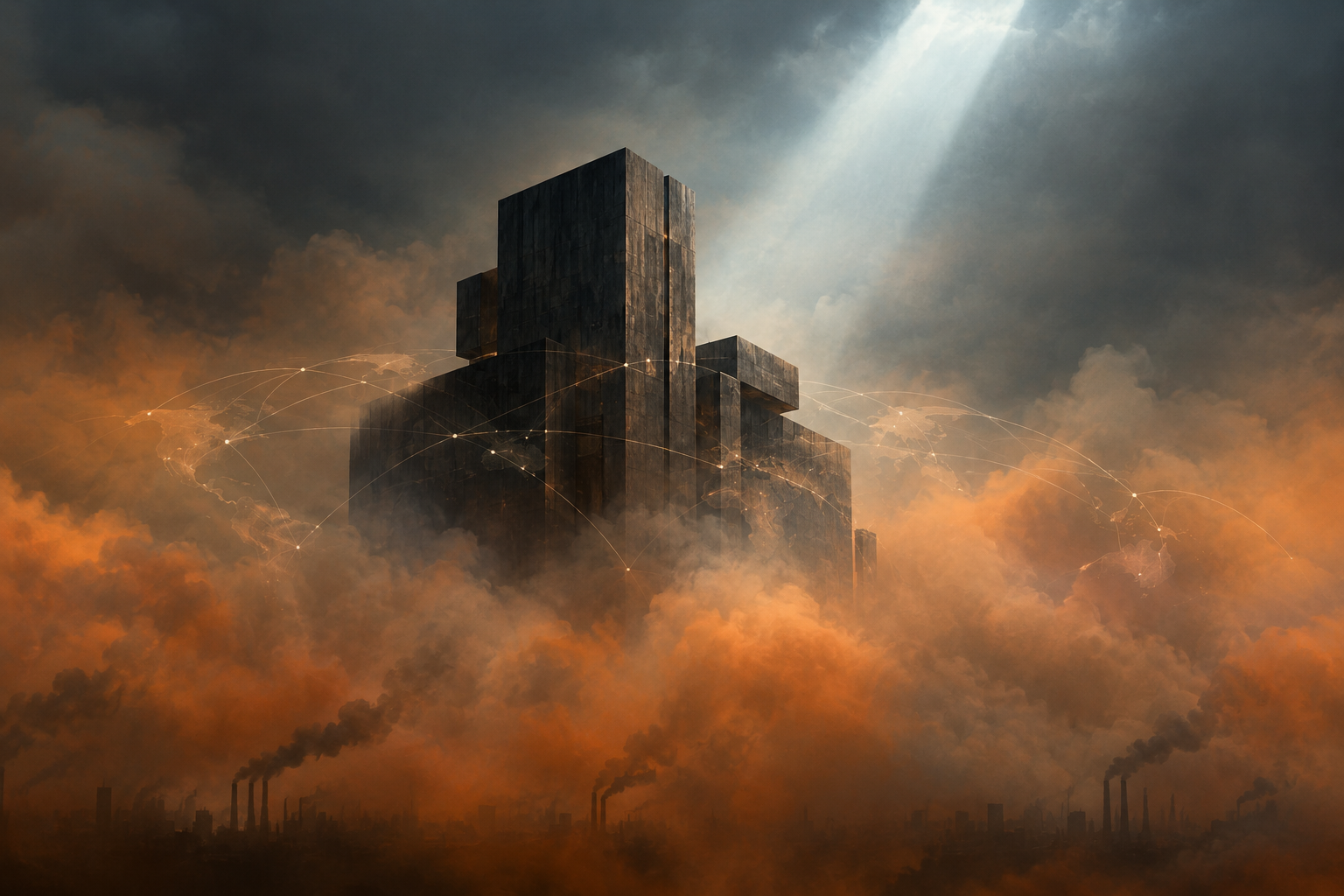Conceptual illustration of haze obscuring a large, dark corporate structure, with a single beam of light piercing the smog.