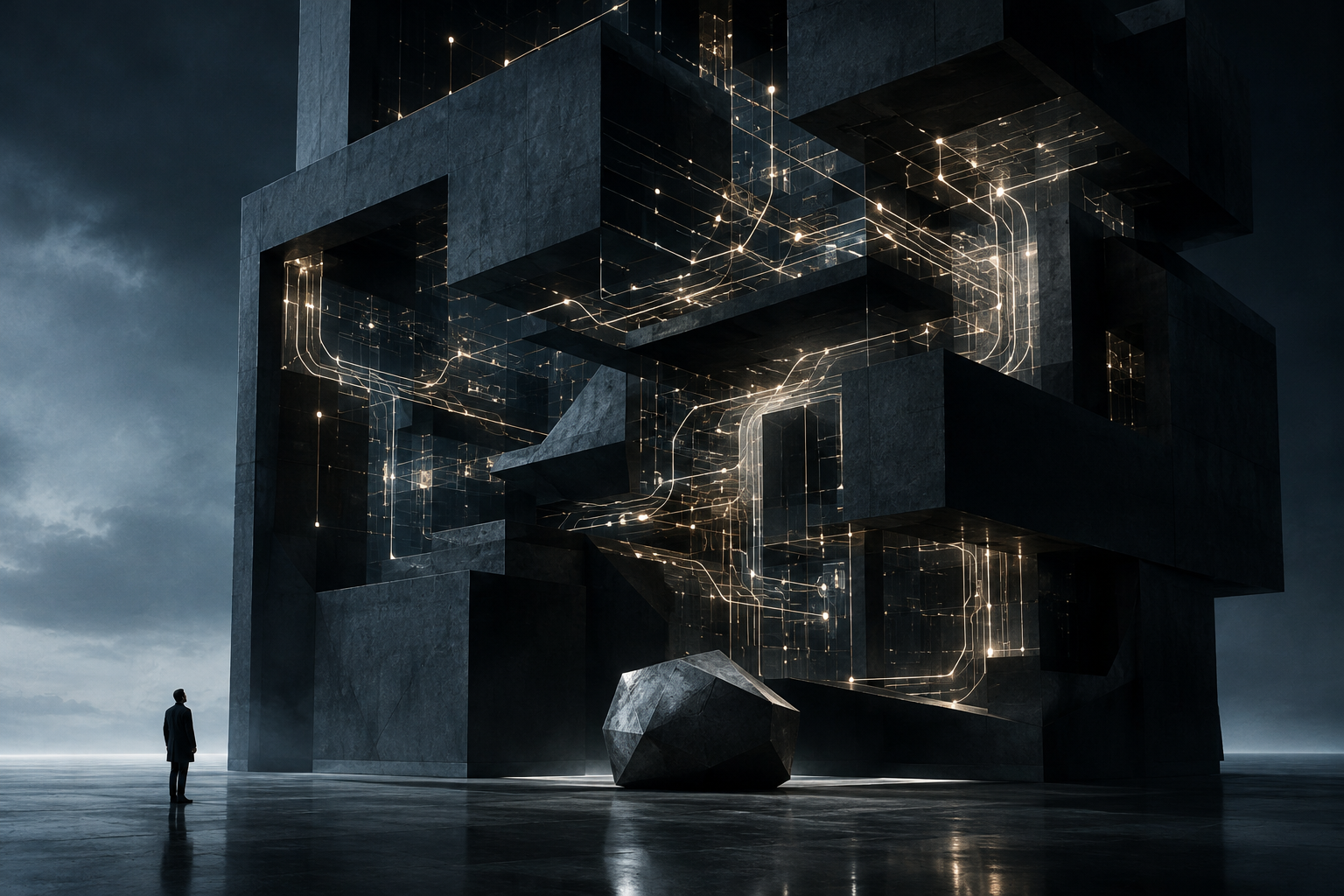 Conceptual illustration of opaque algorithmic systems influencing life decisions through hidden, complex pathways.