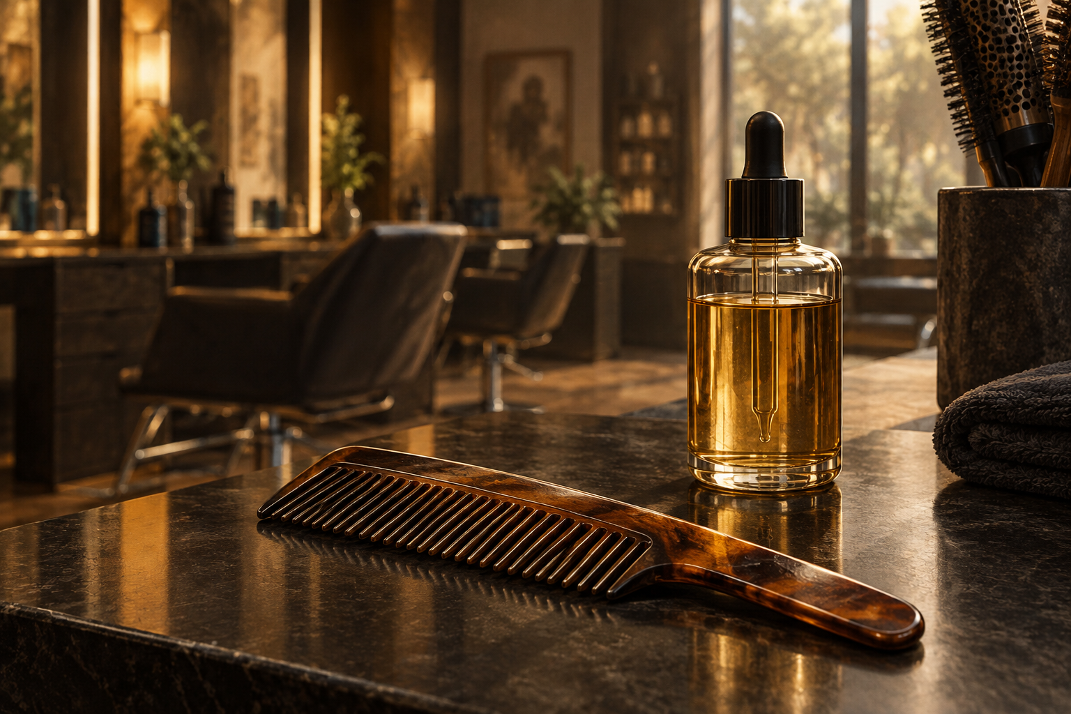 Editorial illustration of professional hair care tools resting on a counter in a stylized salon setting, emphasizing skilled labor.