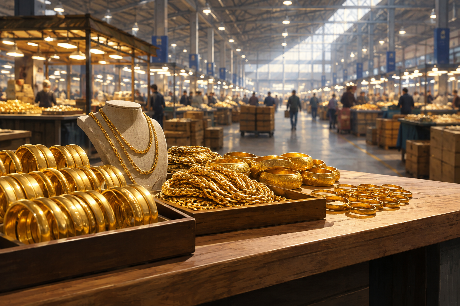 Editorial illustration of a gold jewelry display within a large, busy wholesale market hall, emphasizing the metallic texture of the gold.
