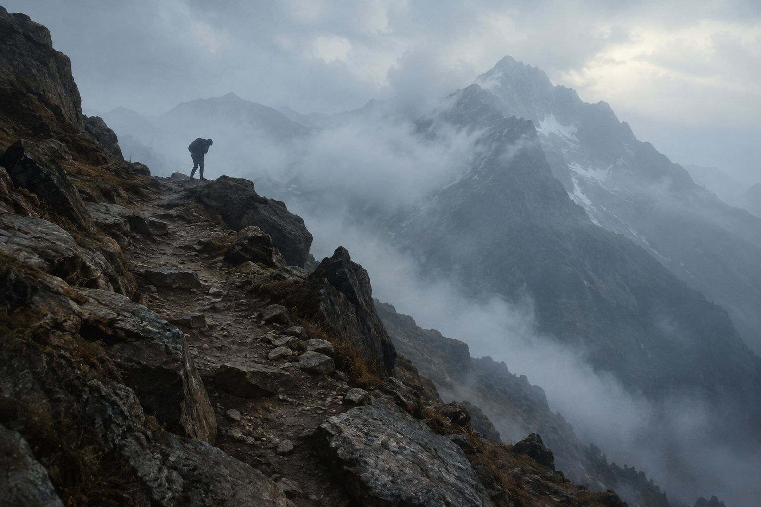 Conceptual illustration of a person experiencing distress on a steep, rocky mountain path.