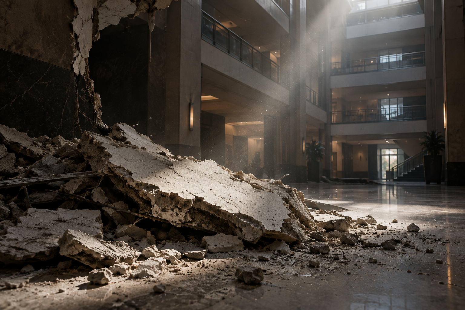 Editorial illustration of plaster debris after a ceiling collapse in a building interior.