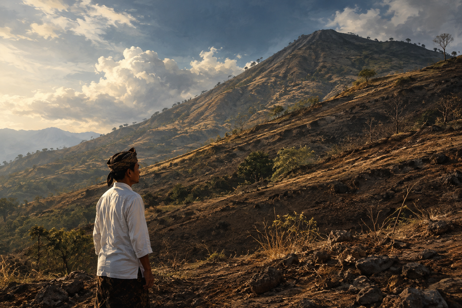 Illustration of a figure in traditional attire standing on a barren hillside, symbolizing a commitment to environmental restoration.