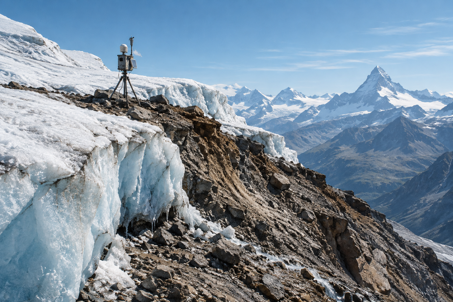 Editorial illustration of a glacial landscape in the Swiss Alps showing melting ice and unstable terrain.