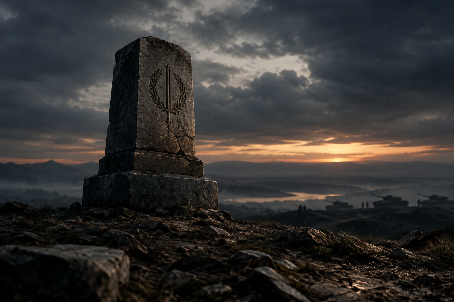 A conceptual illustration of a stark, imposing military setting at dusk, emphasizing gravity and uncertainty.