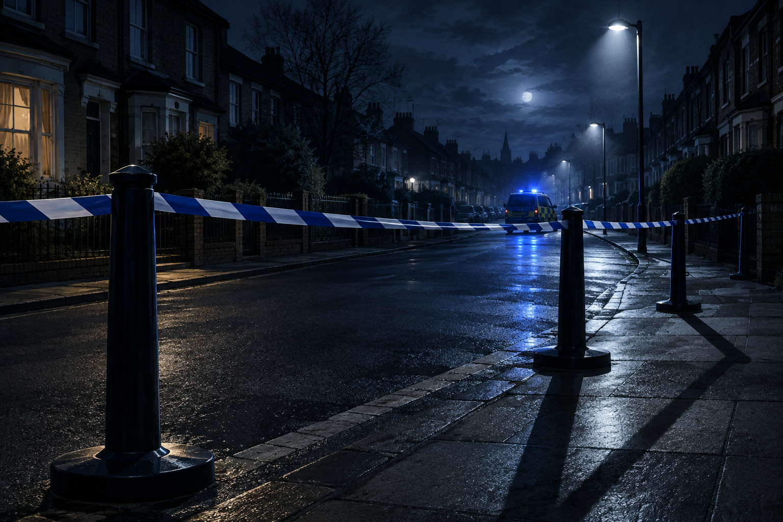 Editorial illustration of a police cordon on a residential street at night, emphasizing the boundary of an investigation.