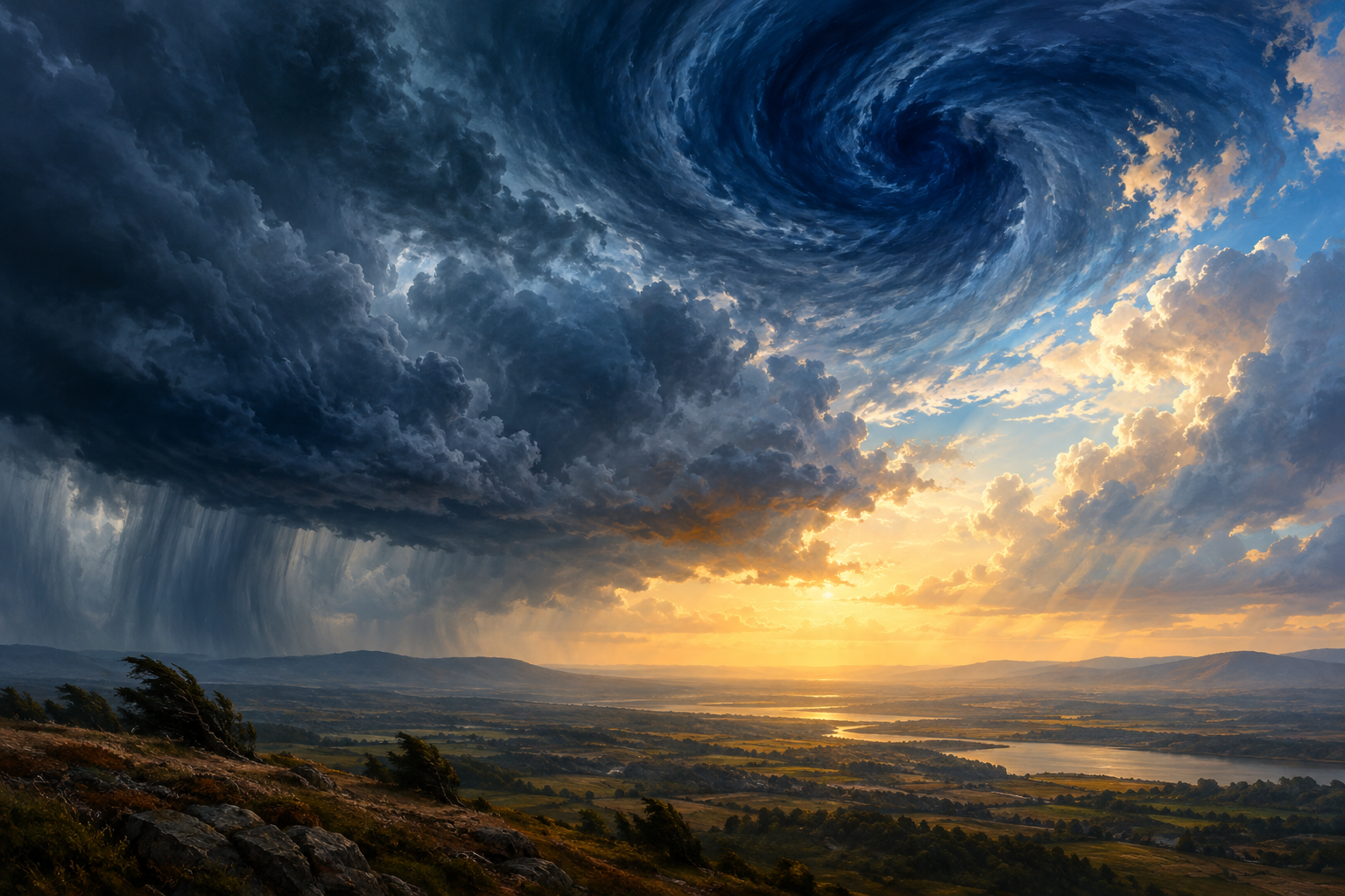 Editorial illustration depicting a transition between cool, stormy weather and warmer, brighter conditions across a landscape.