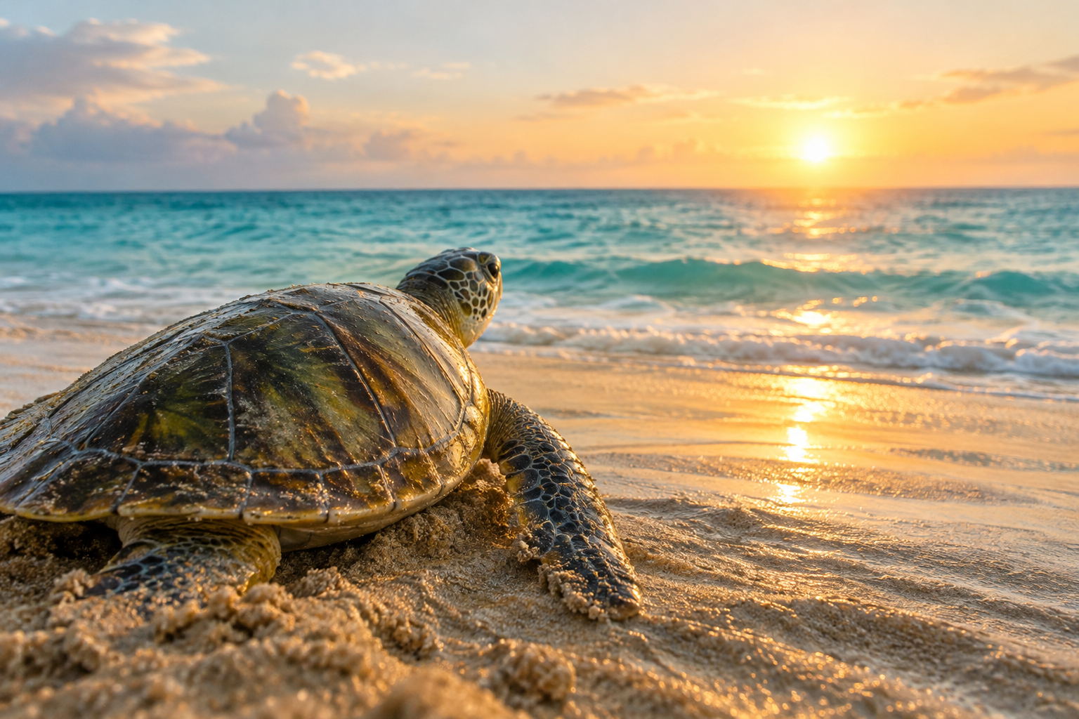 A green sea turtle emerging from the sand at dawn near the ocean.