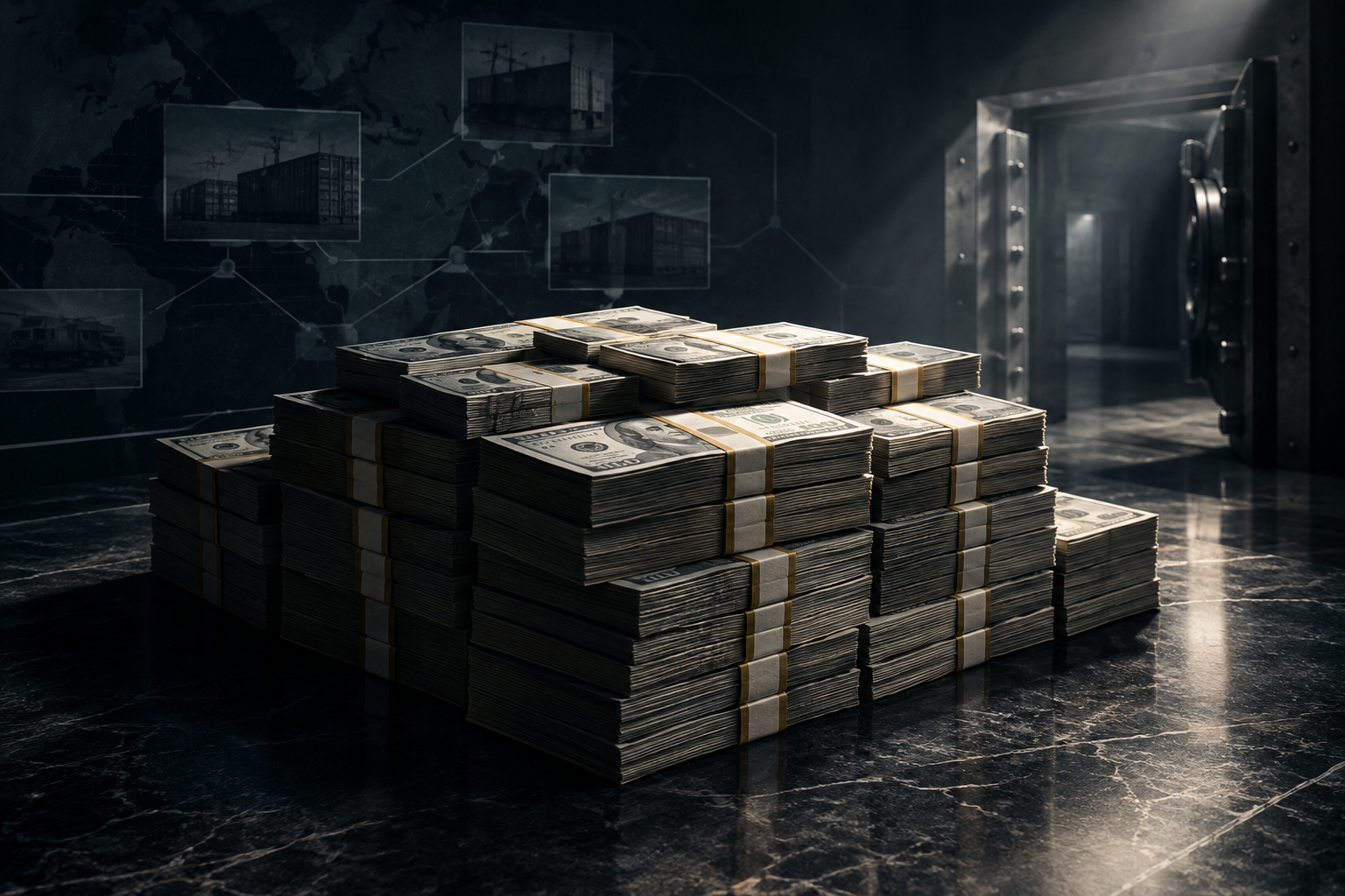 Editorial illustration focusing on a large stack of currency following the dismantling of a vice ring operation.