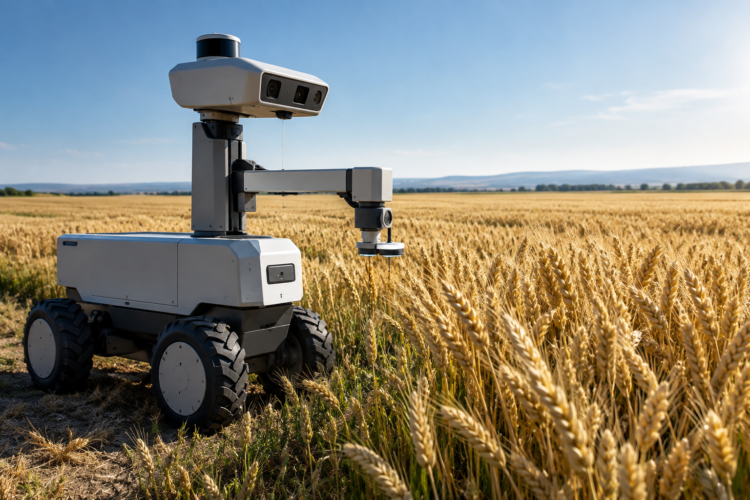 Conceptual illustration of a sophisticated, unadorned robot analyzing wheat in a field.