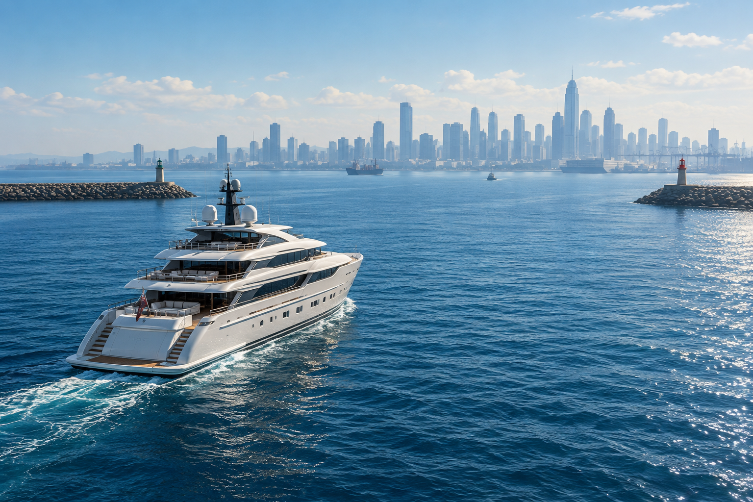 Editorial illustration of a modern yacht sailing towards a distant, softly lit urban skyline across calm water.