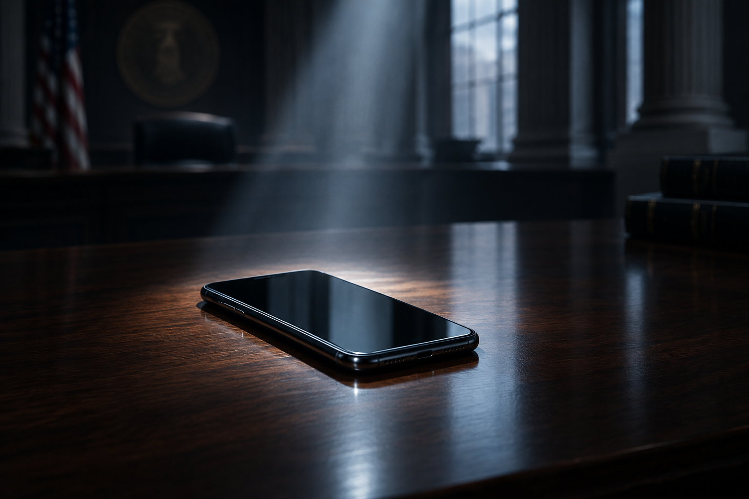 A professional editorial illustration of a single, high-end mobile device under focused, analytical light on a dark wooden surface, symbolizing digital scrutiny.