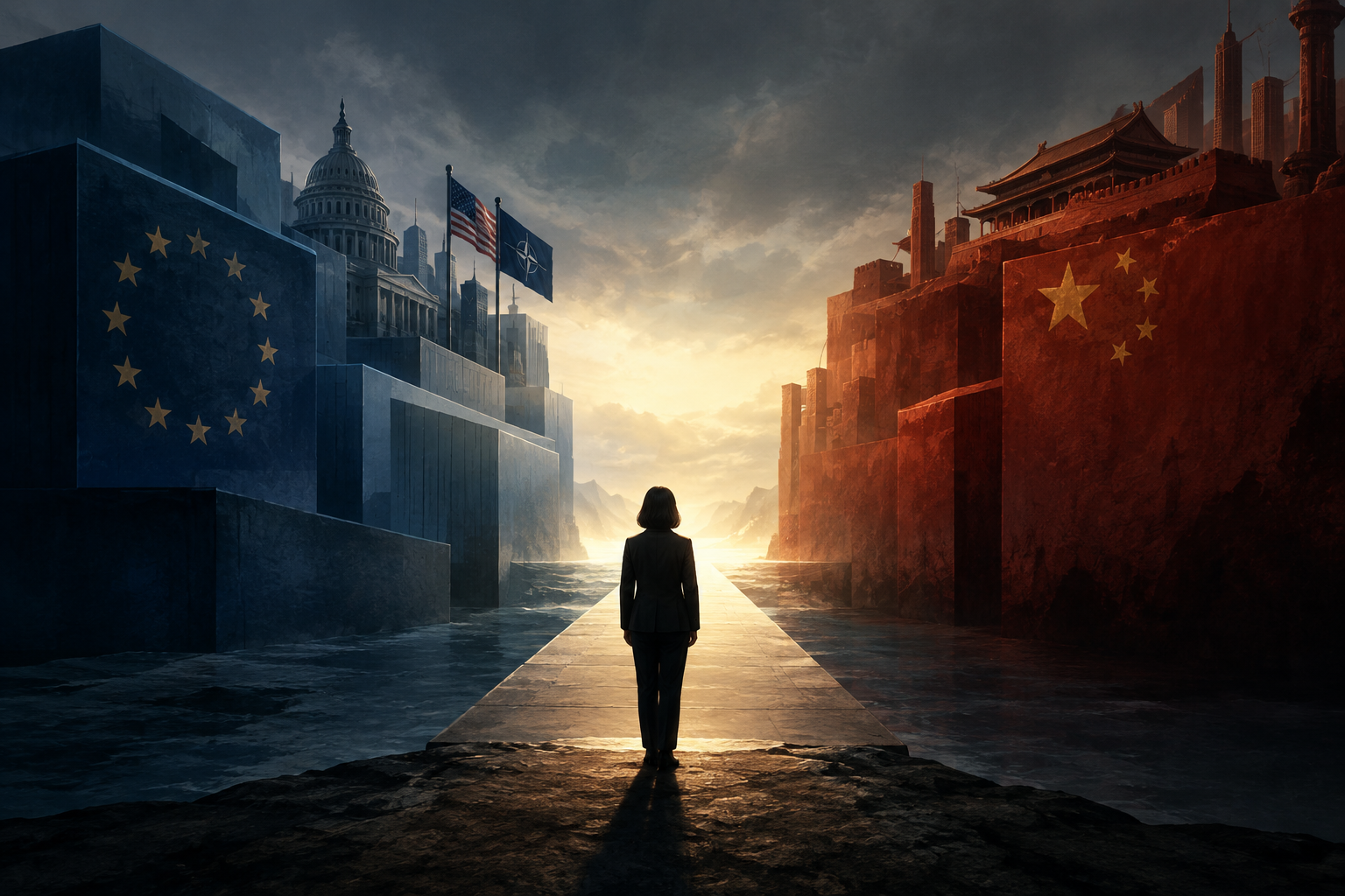 Conceptual illustration depicting a delicate pathway between two opposing geopolitical forces, with a central figure representing dialogue.