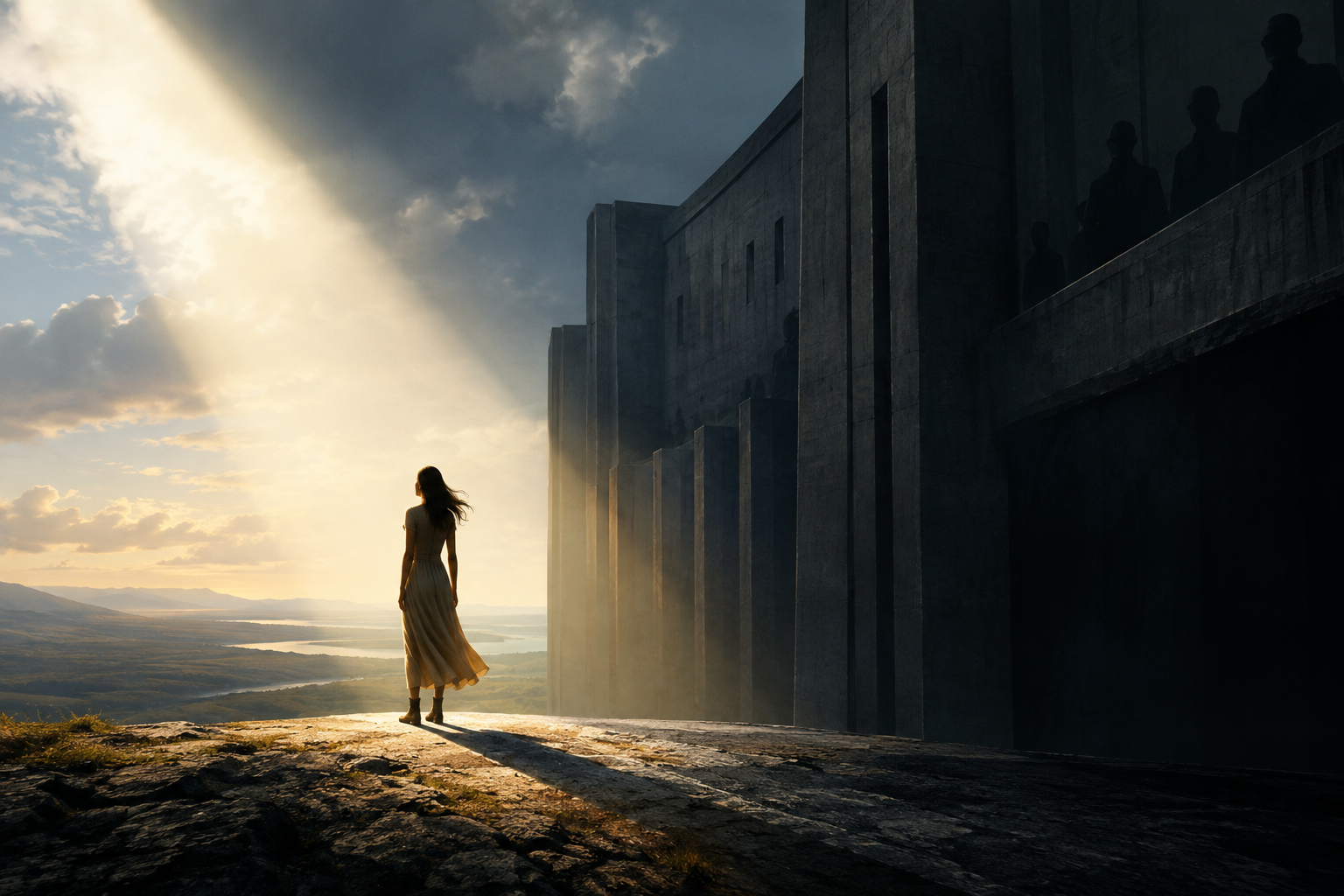 Editorial illustration depicting a figure seeking independence against a backdrop of imposing, restrictive architecture.