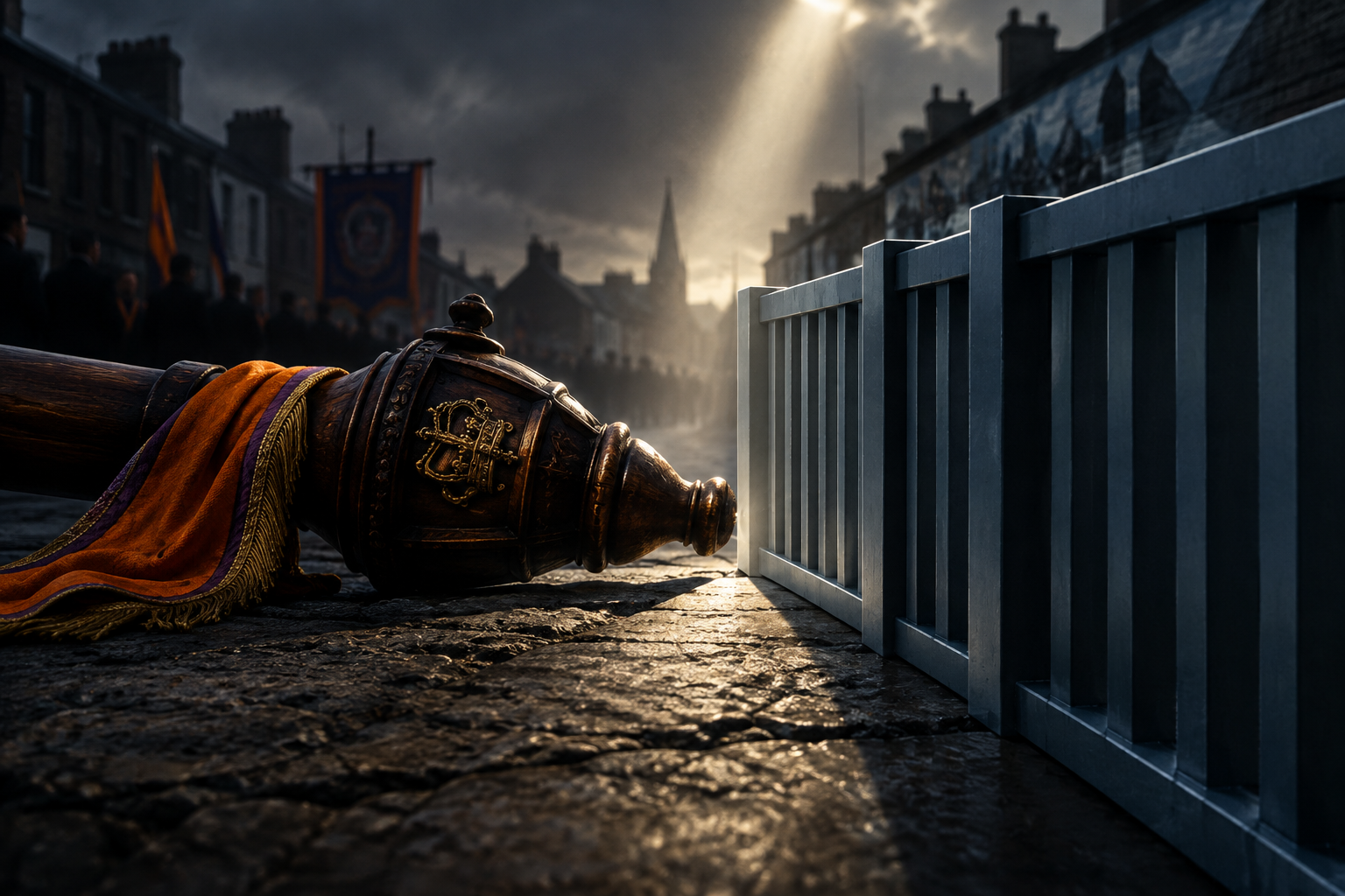 Editorial illustration depicting a conceptual impasse between tradition and civic boundaries in an urban setting.