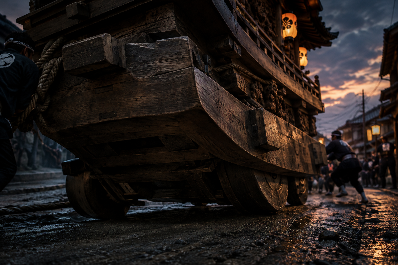 A large, heavy wooden festival float captured in a dynamic turn on a dimly lit street, emphasizing its massive structure and the tension of the movement.