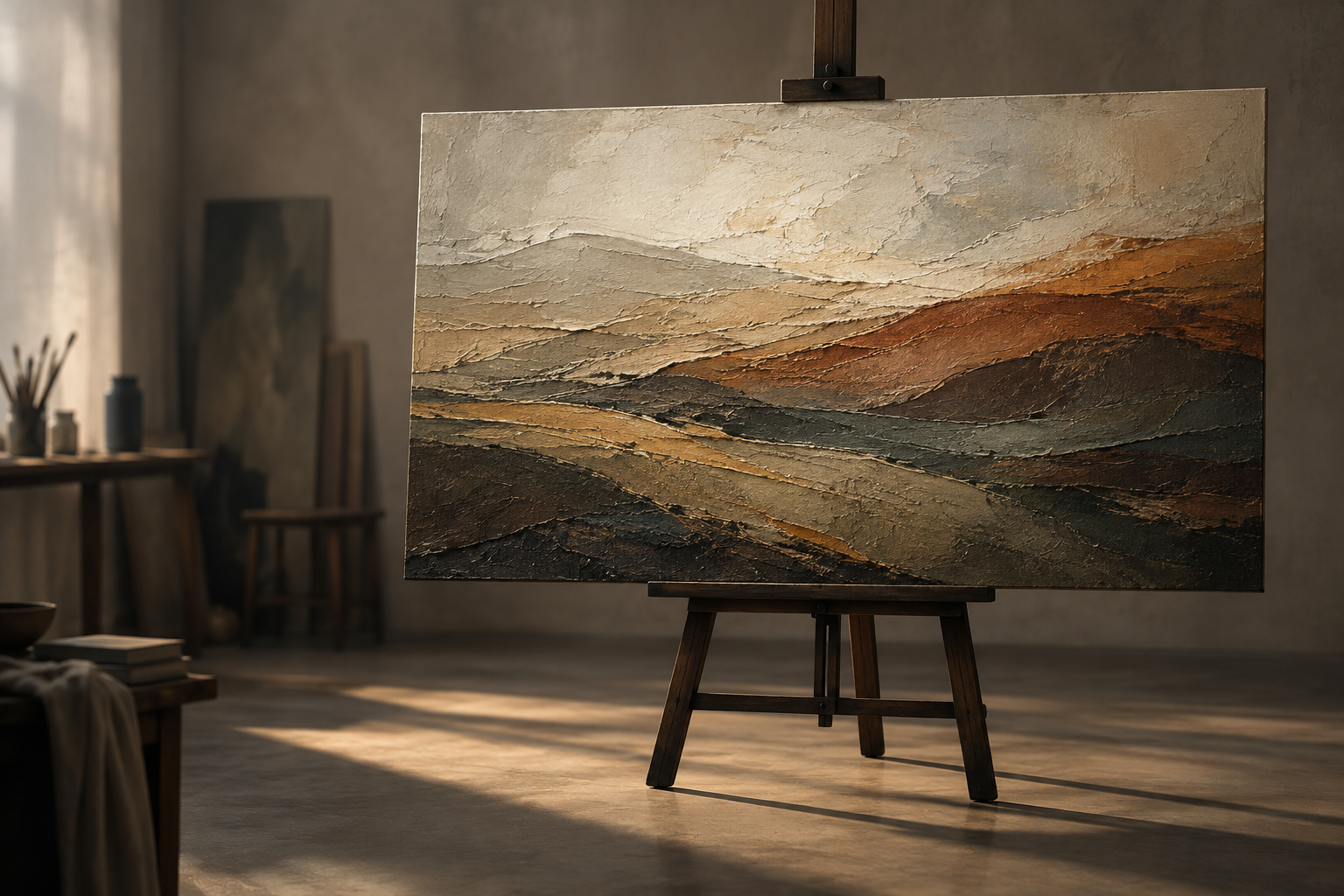 Abstract painting on canvas exploring themes of time and landscape in a minimalist studio setting.