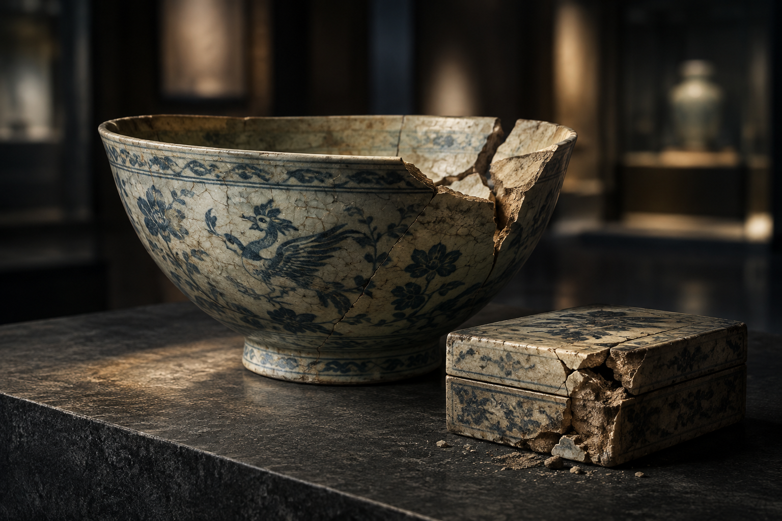 Close-up illustration of a damaged, ancient Jingdezhen ceramic bowl and a small box on a museum shelf, emphasizing texture and impact.