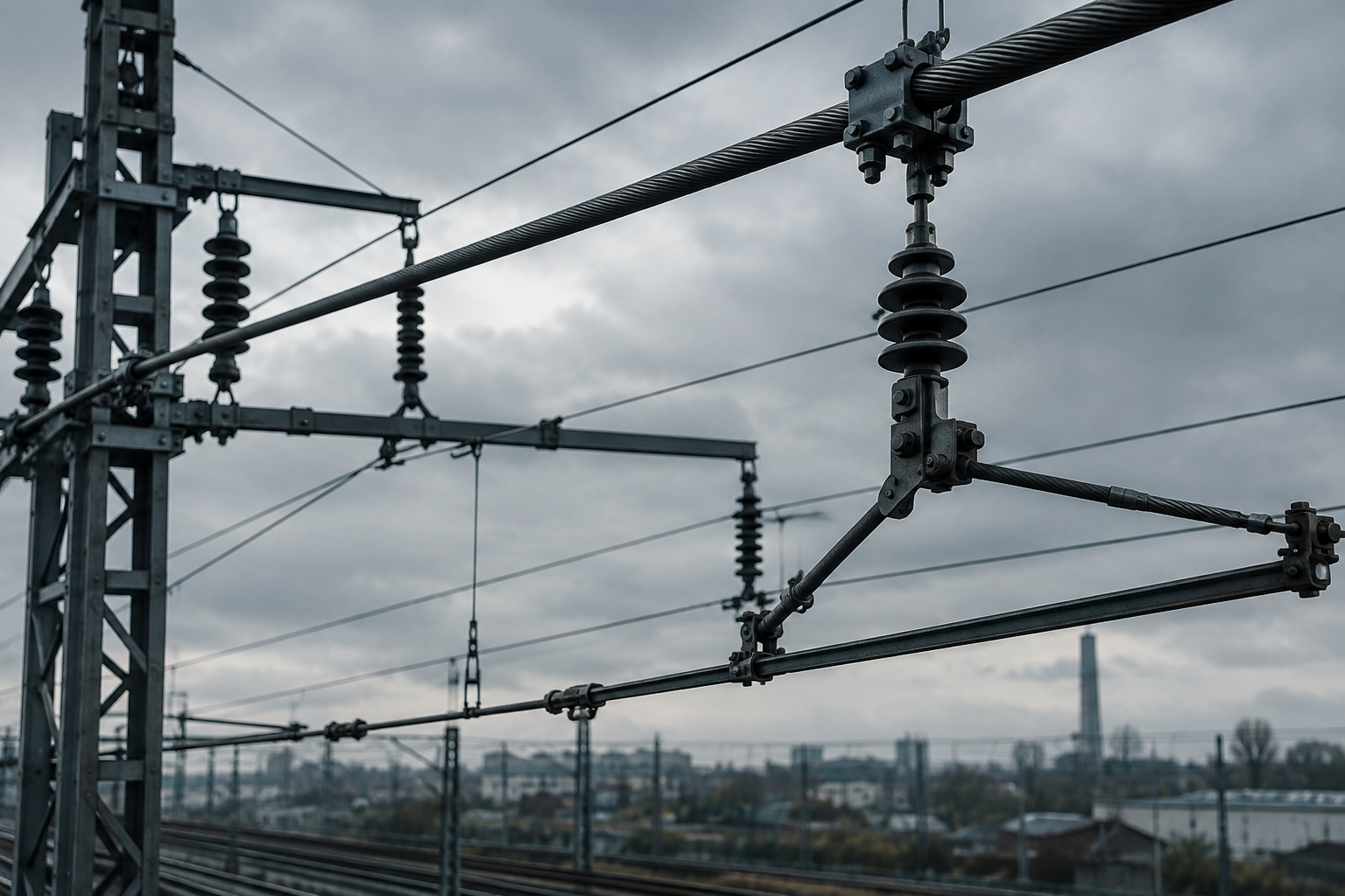 Industrial overhead railway electrification wires under a diffused sky.